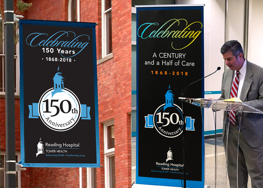 Reading Hospital 150th Anniversary pole banner and banner stand